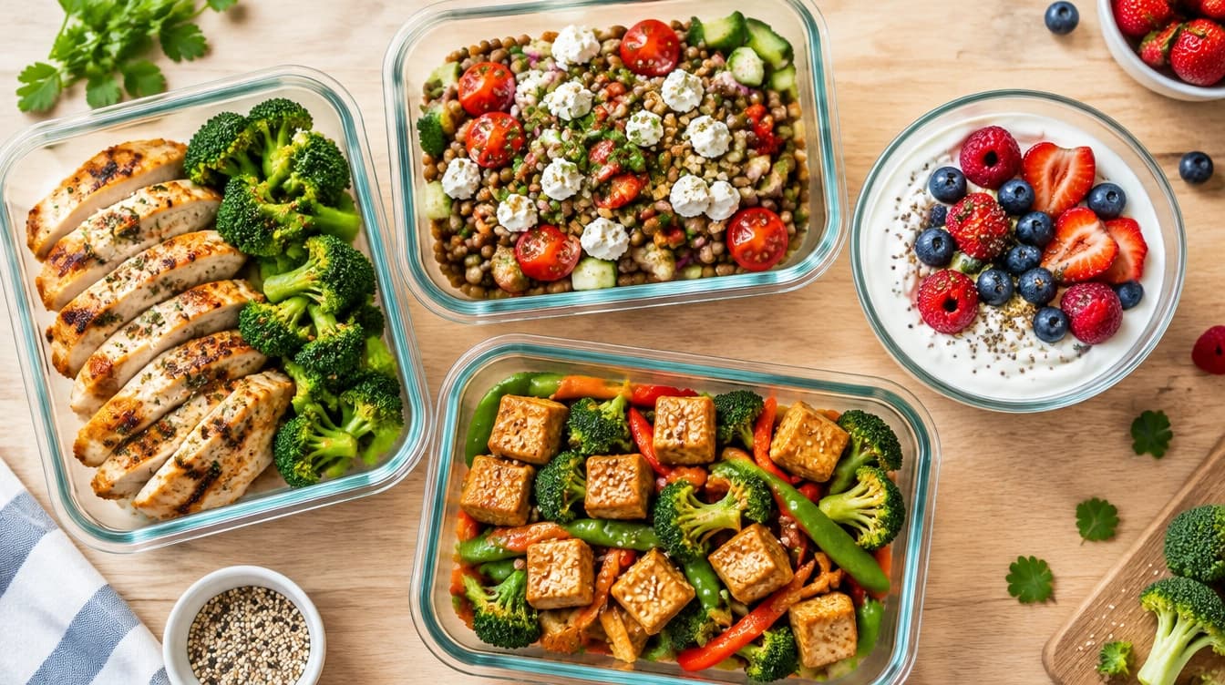 Overhead view of high-protein meal prep containers with grilled chicken, lentil salad, Greek yogurt and tofu stir-fry