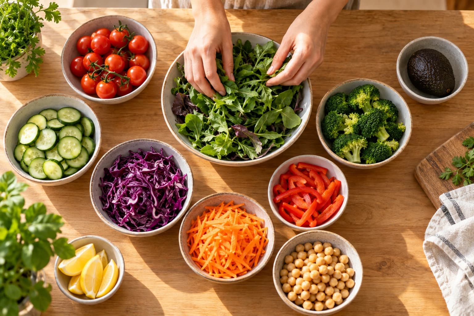 Fresh salad ingredients in bowls on a kitchen counter, with an avocado set apart