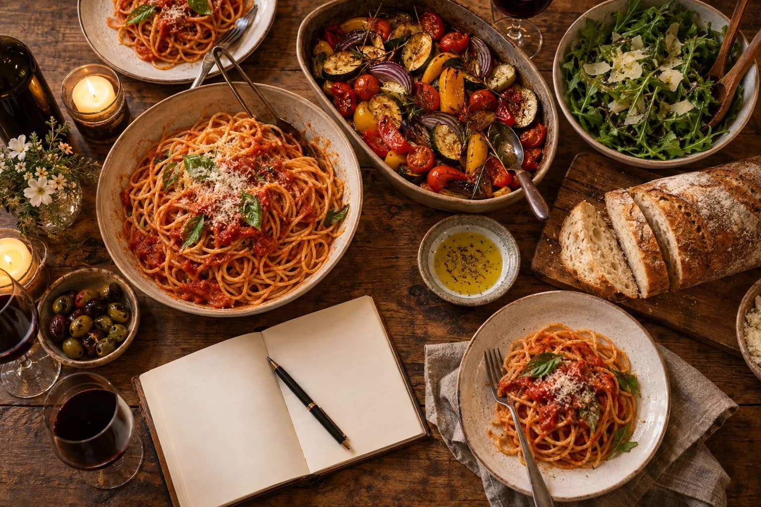 A family dinner spread of pasta, roasted vegetables and bread beside an open notebook