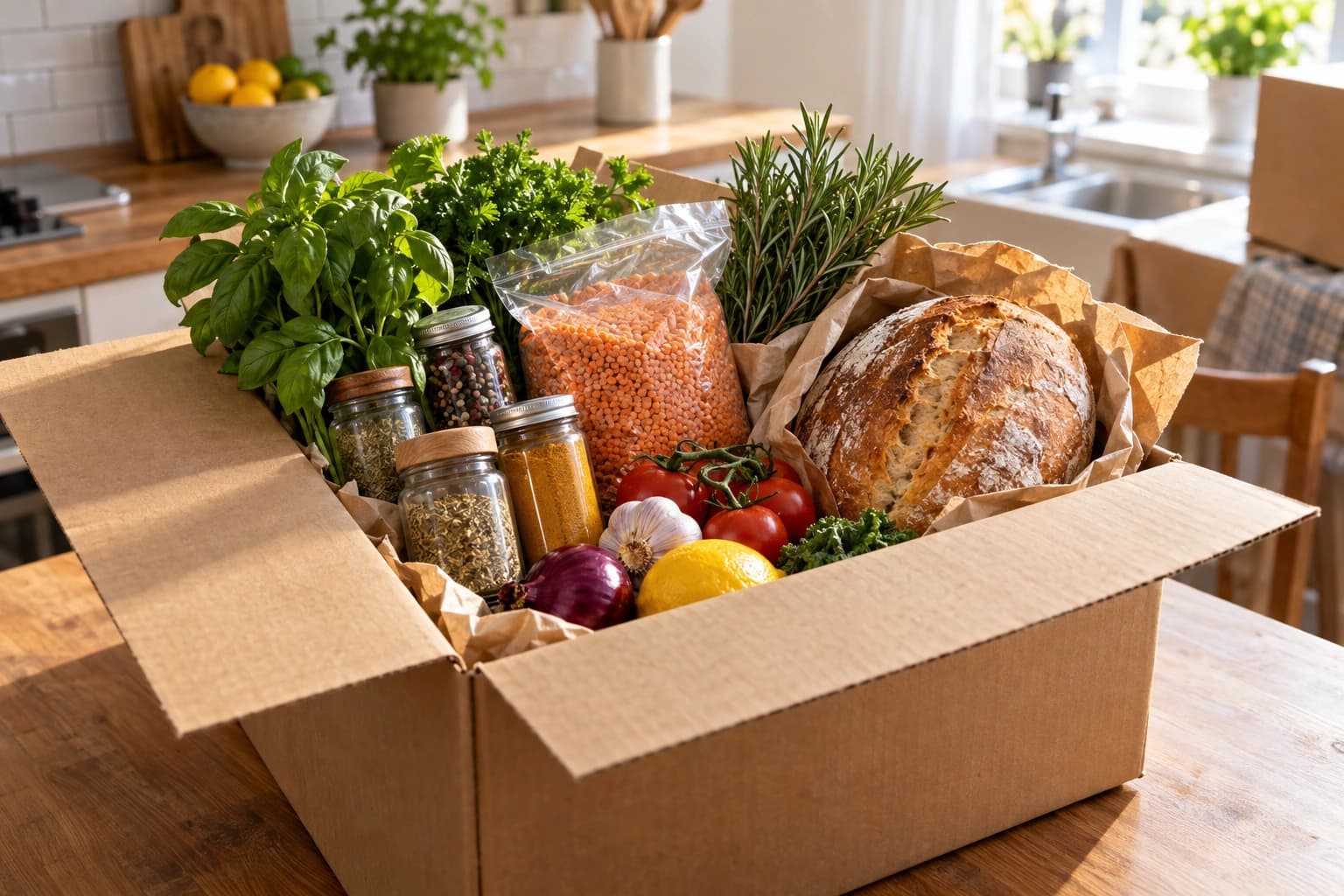 An open box packed with fresh produce, bread and spice jars on a kitchen island