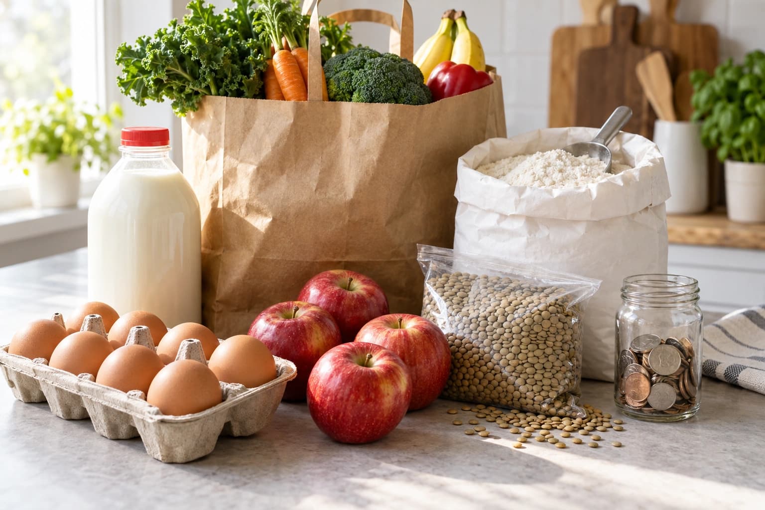 Grocery staples with eggs, milk and apples beside a jar of coins on a counter