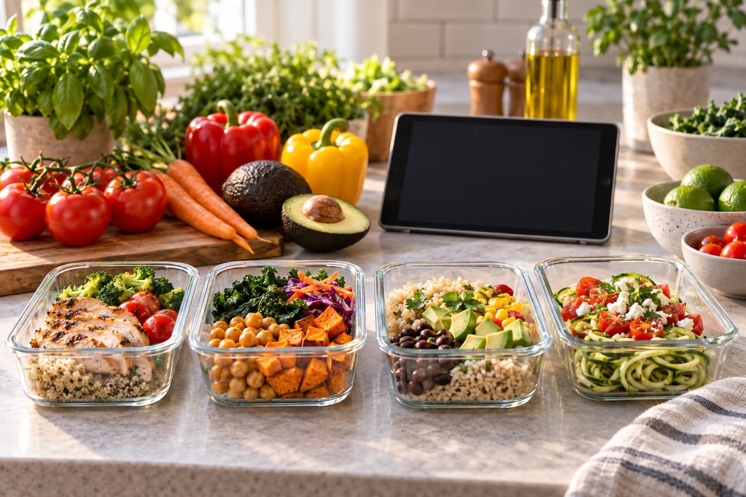 Glass meal prep containers with fresh ingredients and a tablet on a kitchen counter
