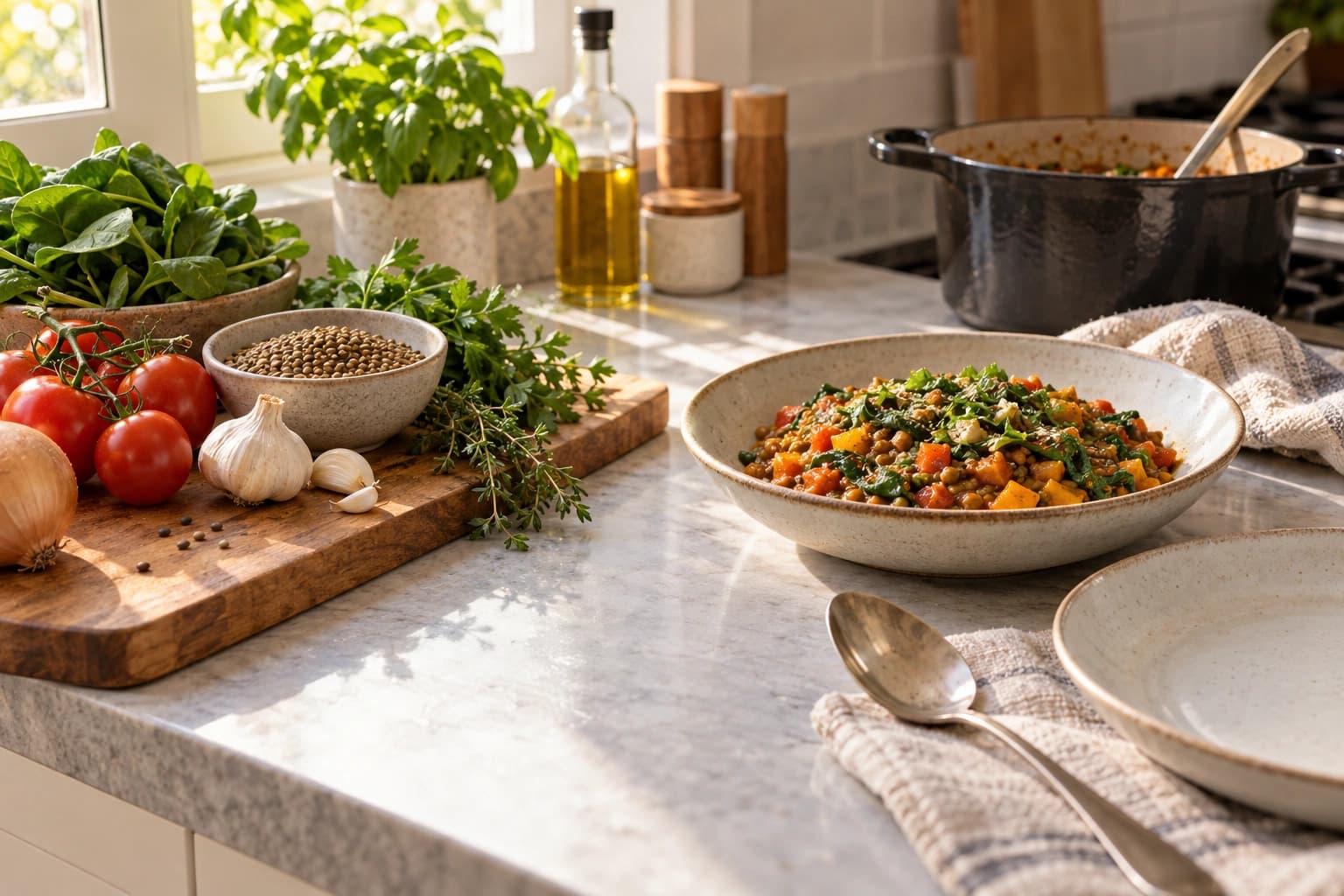 A bowl of cooked lentil and vegetable stew on a sunlit counter beside raw ingredients: tomatoes, garlic, spinach, herbs, and a bowl of uncooked lentils