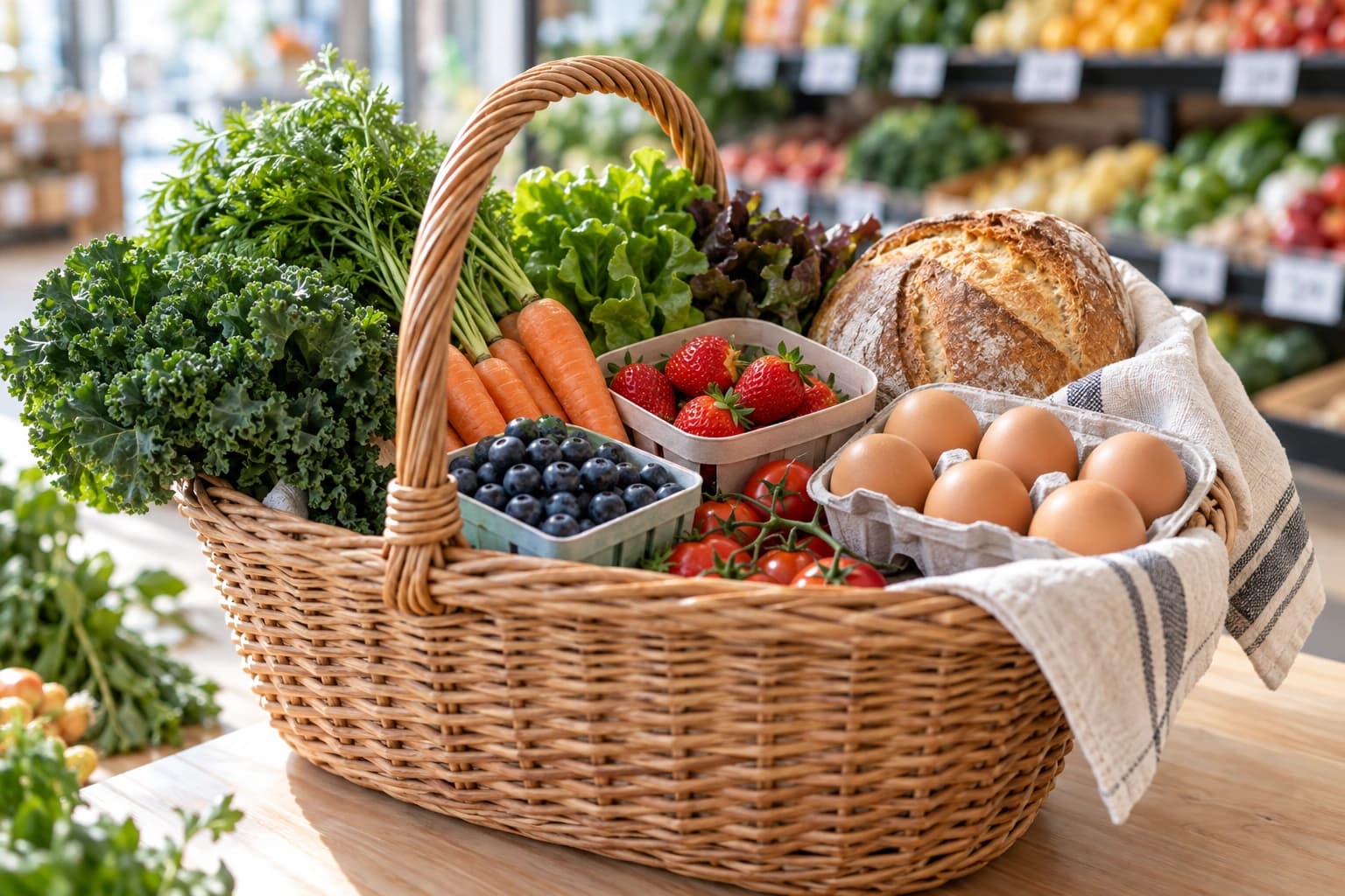 A woven basket of fresh groceries with blurred shop shelves in the background