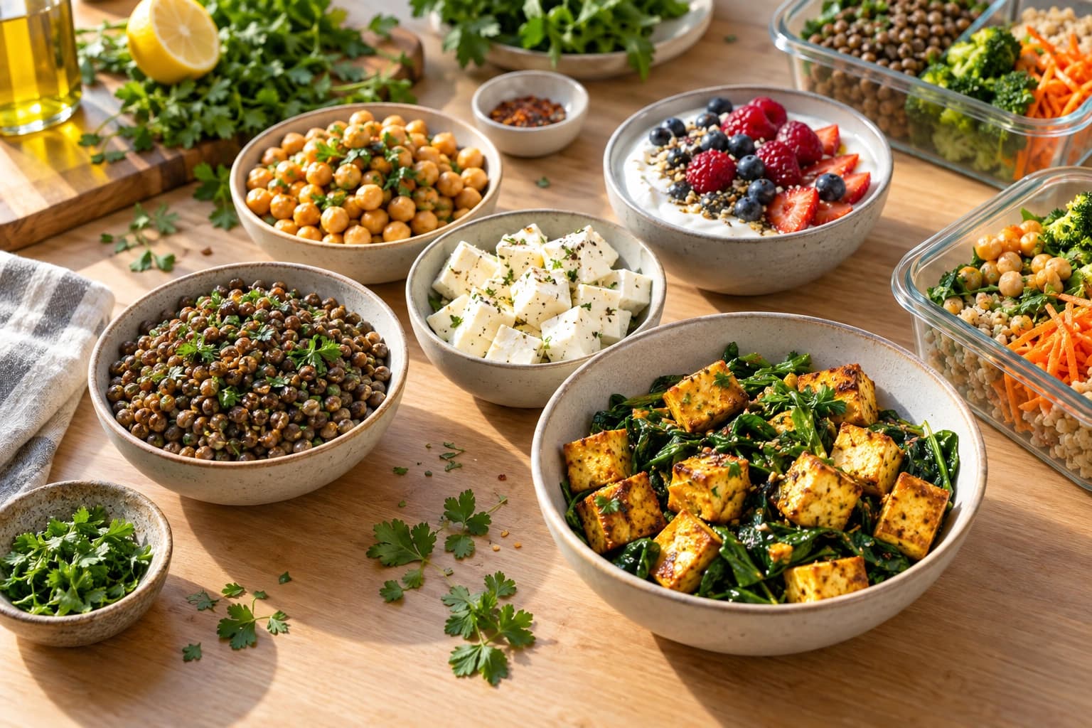 Bowls of chickpeas, lentils, yogurt with berries and seared tofu for high-protein meal prep