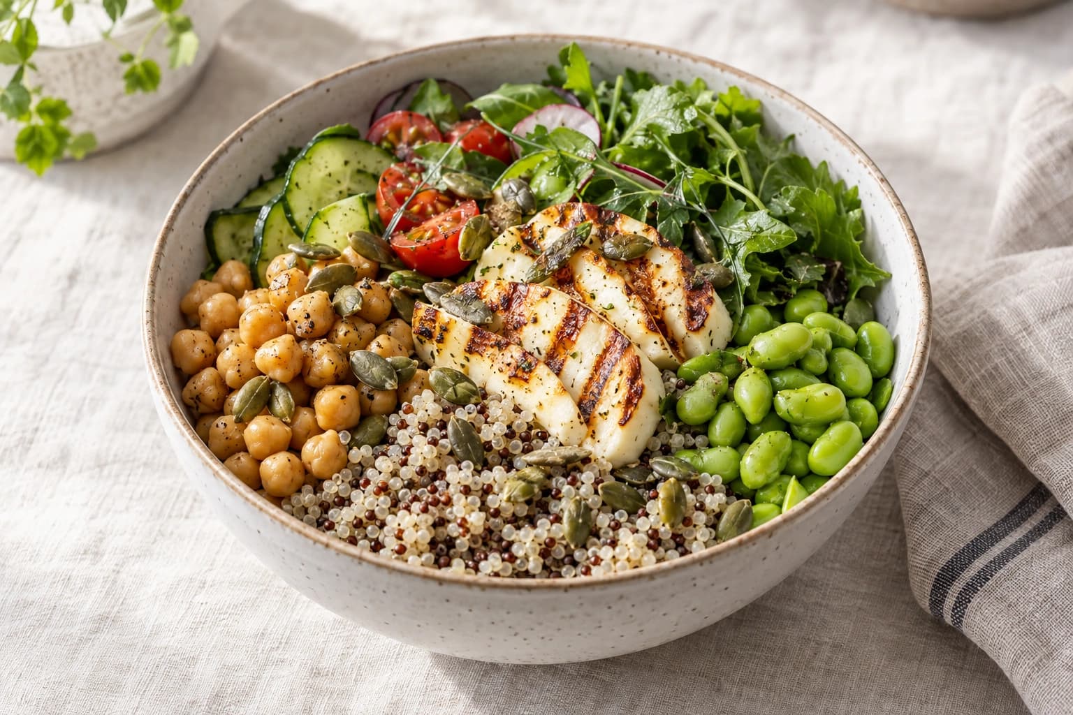 A protein bowl with halloumi, chickpeas, edamame and greens on a linen table