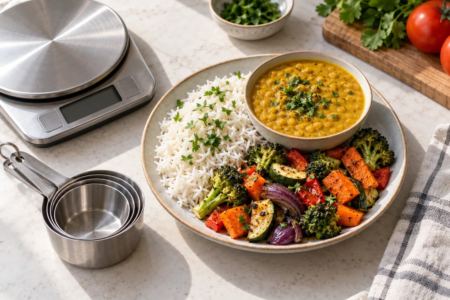 A plate of dal, rice and roasted vegetables beside a kitchen scale and measuring cups