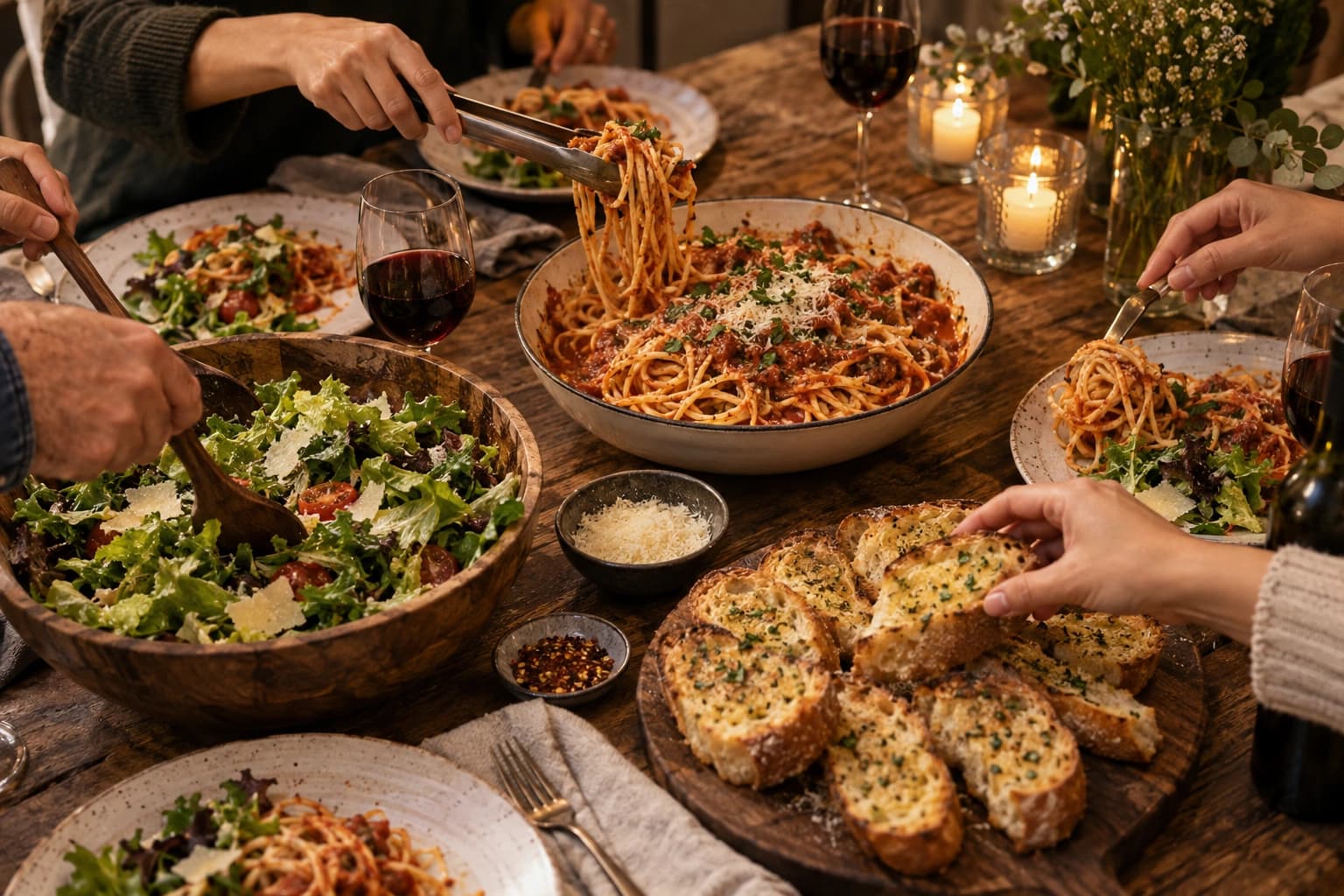 Hands serving pasta, salad and garlic bread at a family dinner table