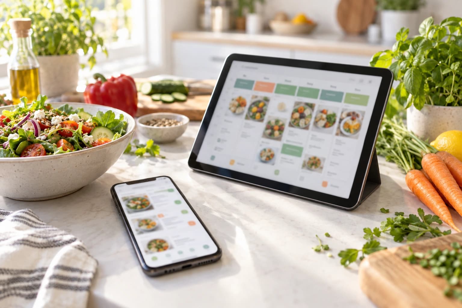 A tablet and phone showing a meal planning app beside a salad bowl and fresh produce