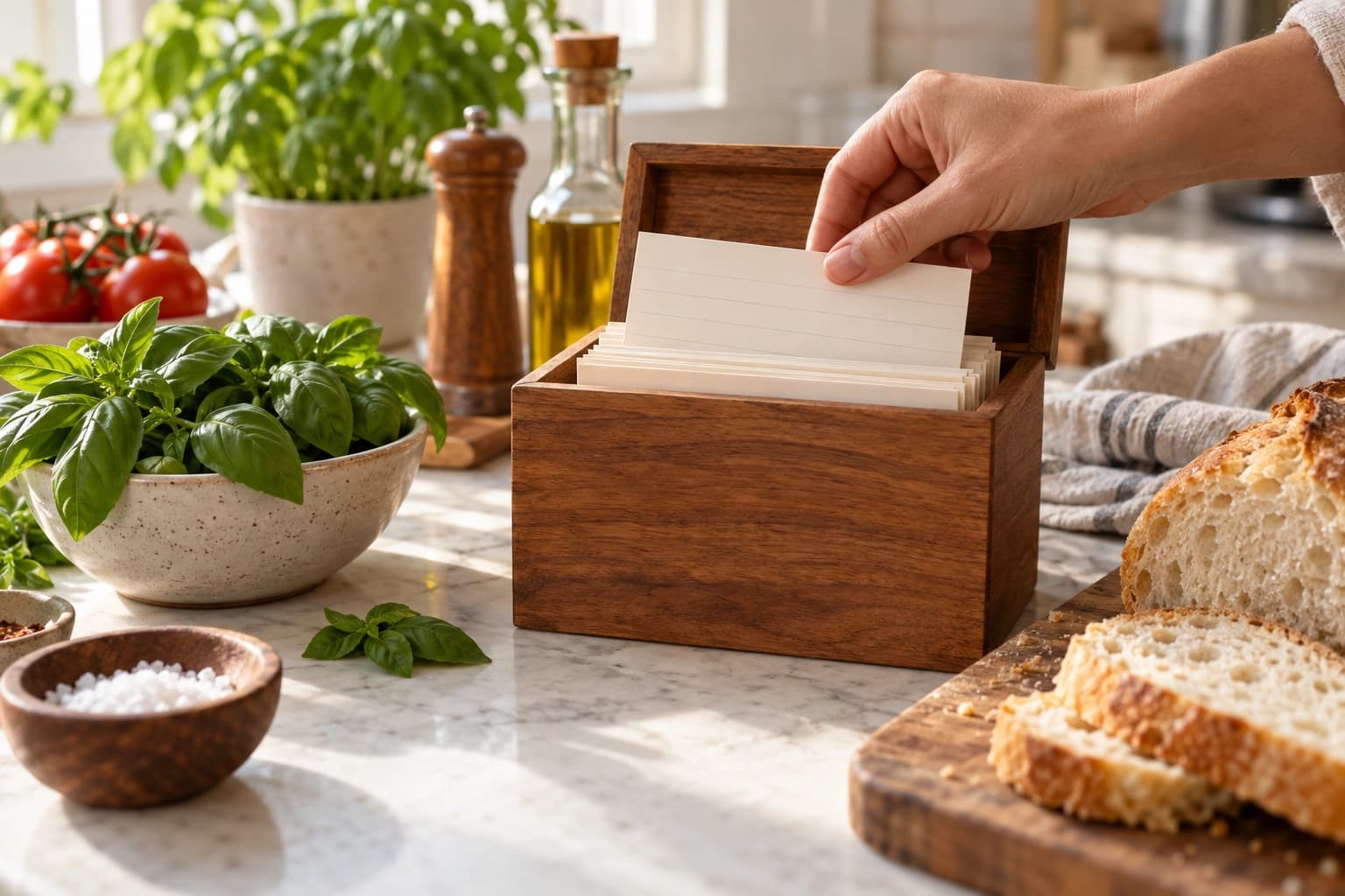 A hand placing a recipe card into a wooden recipe box beside fresh basil and bread