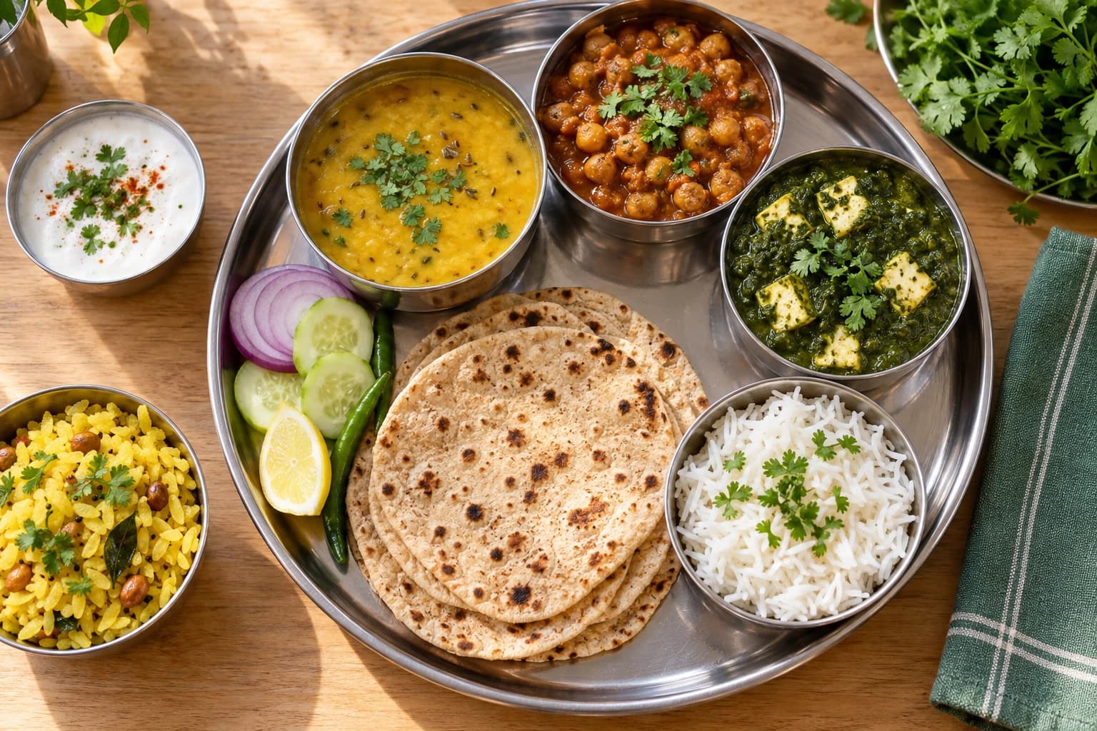 An Indian vegetarian thali with dal, chana masala, palak paneer, rice and roti