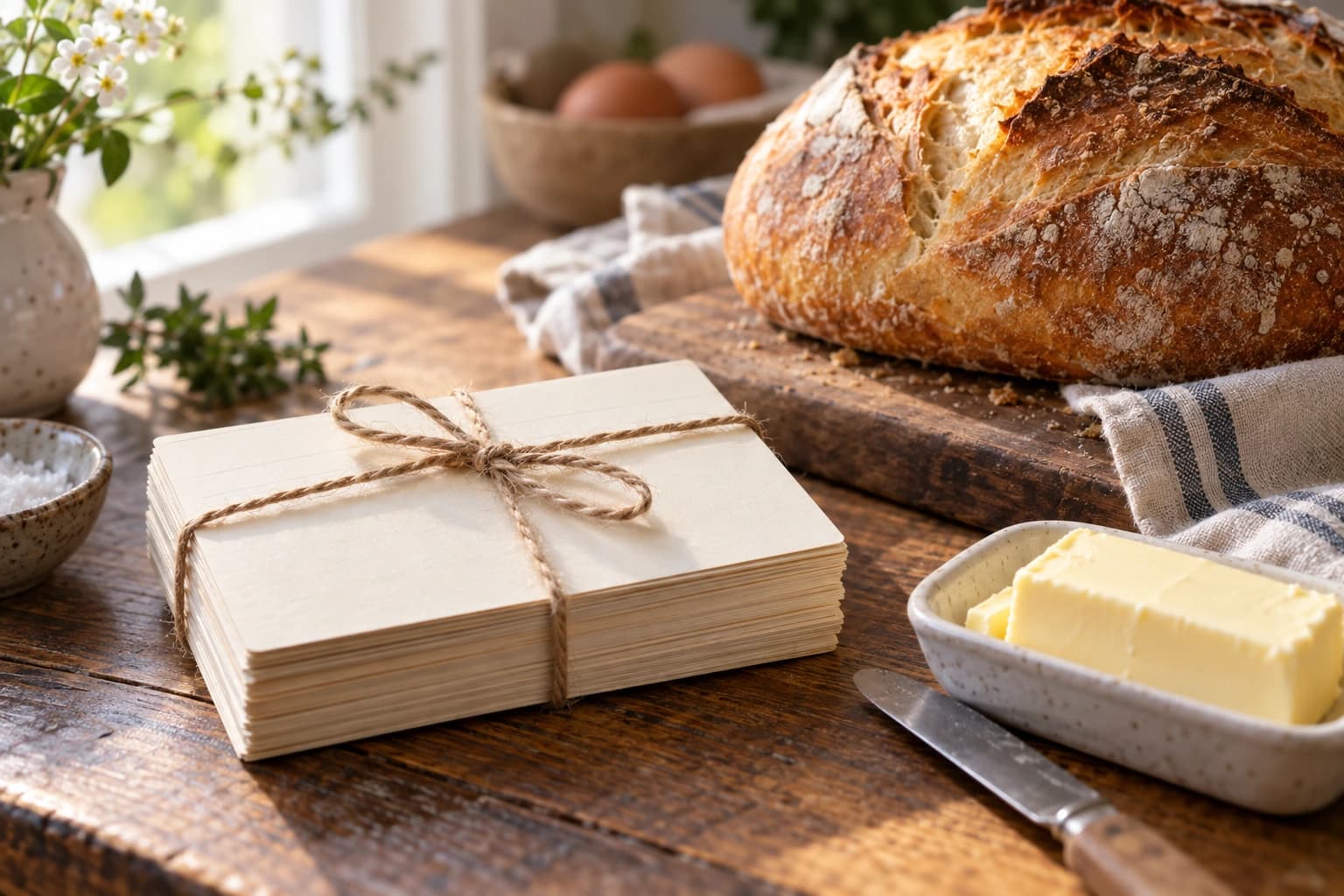 Recipe cards tied with twine beside a fresh loaf of bread and butter