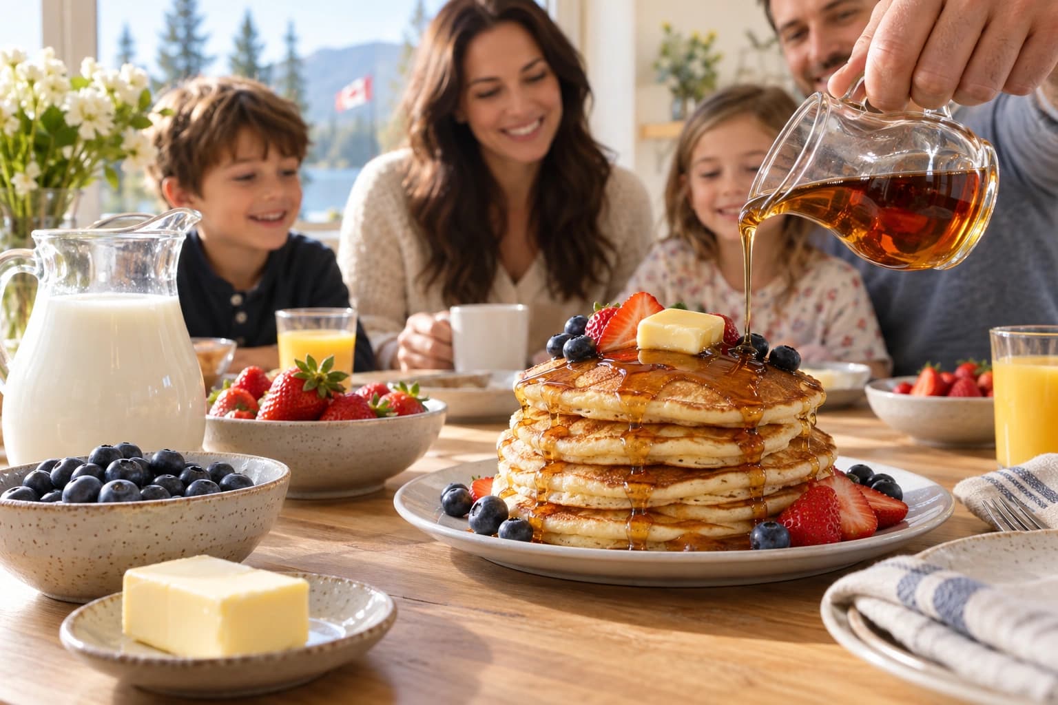 Pancakes with maple syrup and fresh berries at a family breakfast table