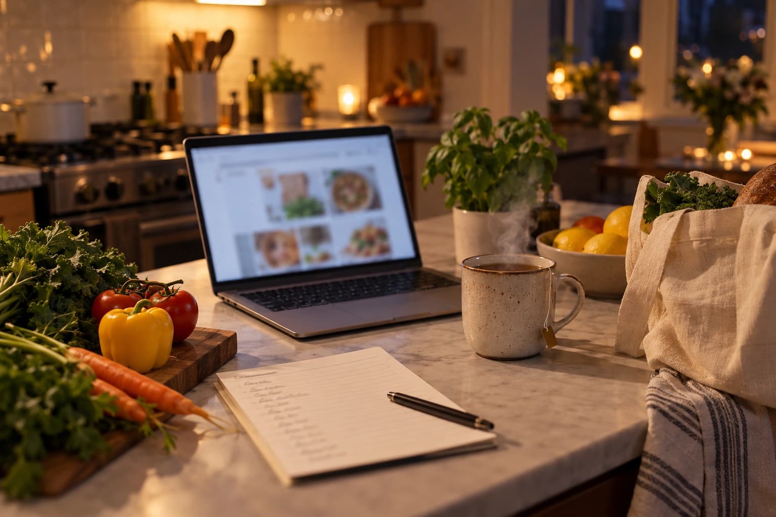 A glowing laptop beside a grocery list, fresh produce and a cup of tea in an evening kitchen