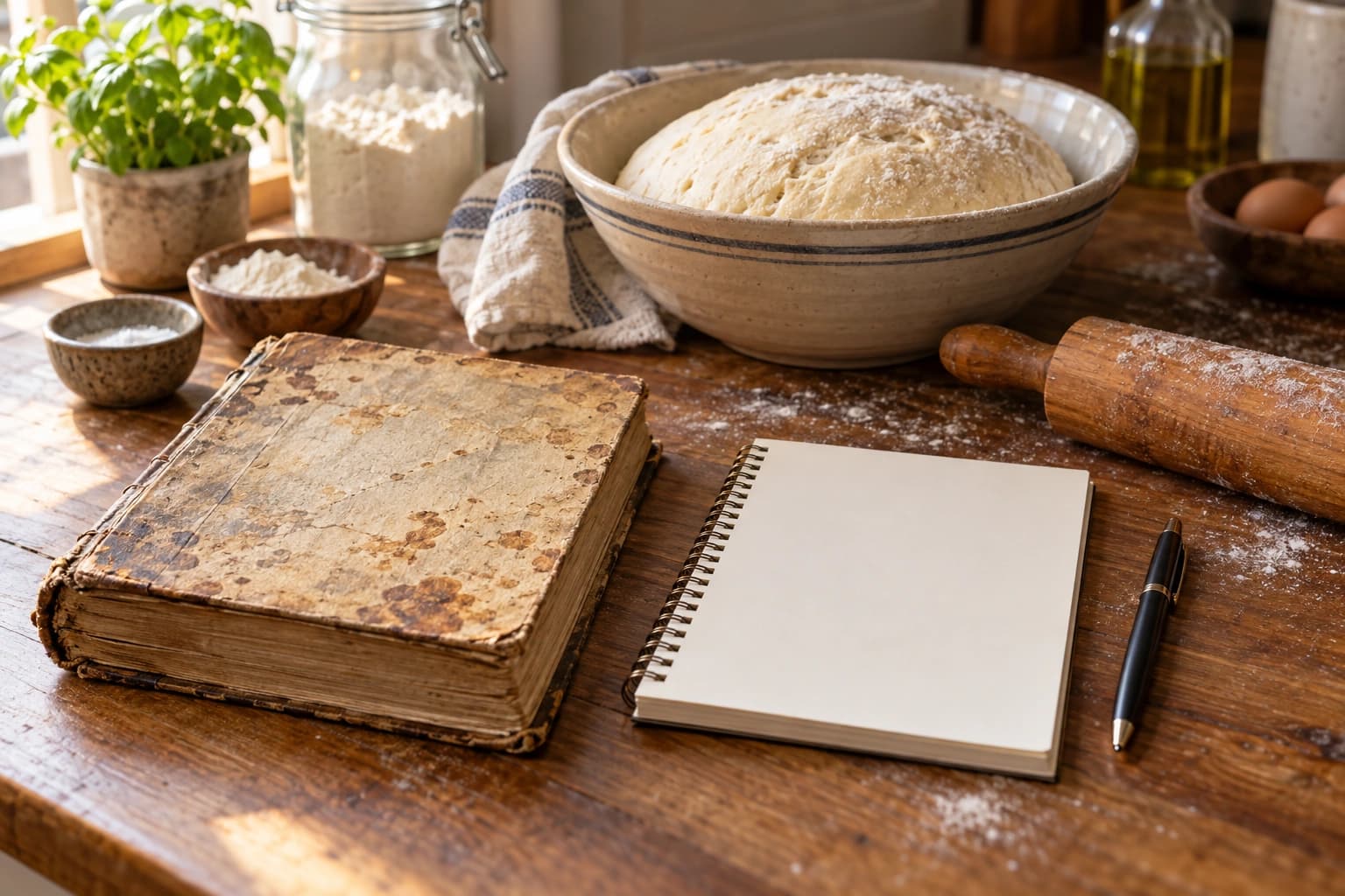 A worn cookbook beside a new notebook, rising bread dough and a rolling pin