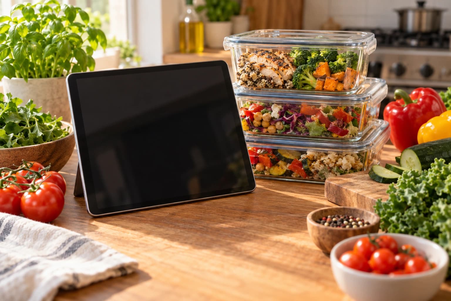 A sunlit kitchen counter with a blank tablet screen beside stacked glass meal prep containers filled with grilled chicken, grains, broccoli and colorful salads, surrounded by fresh tomatoes, leafy greens and bell peppers