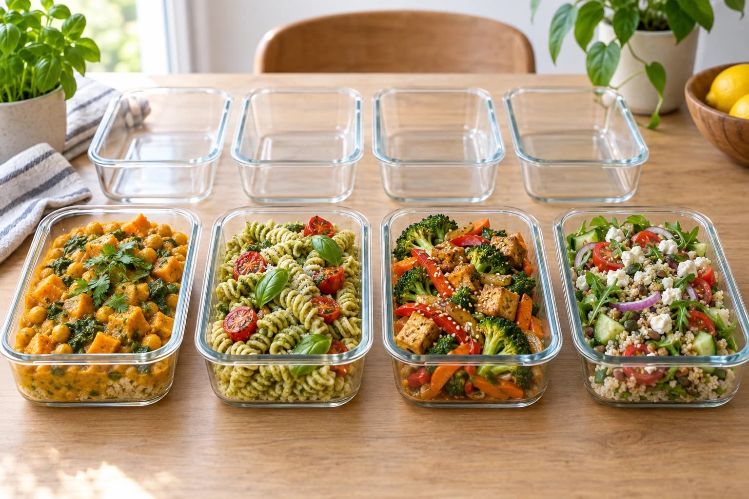 Glass meal prep containers with an empty row above a row filled with colourful meals