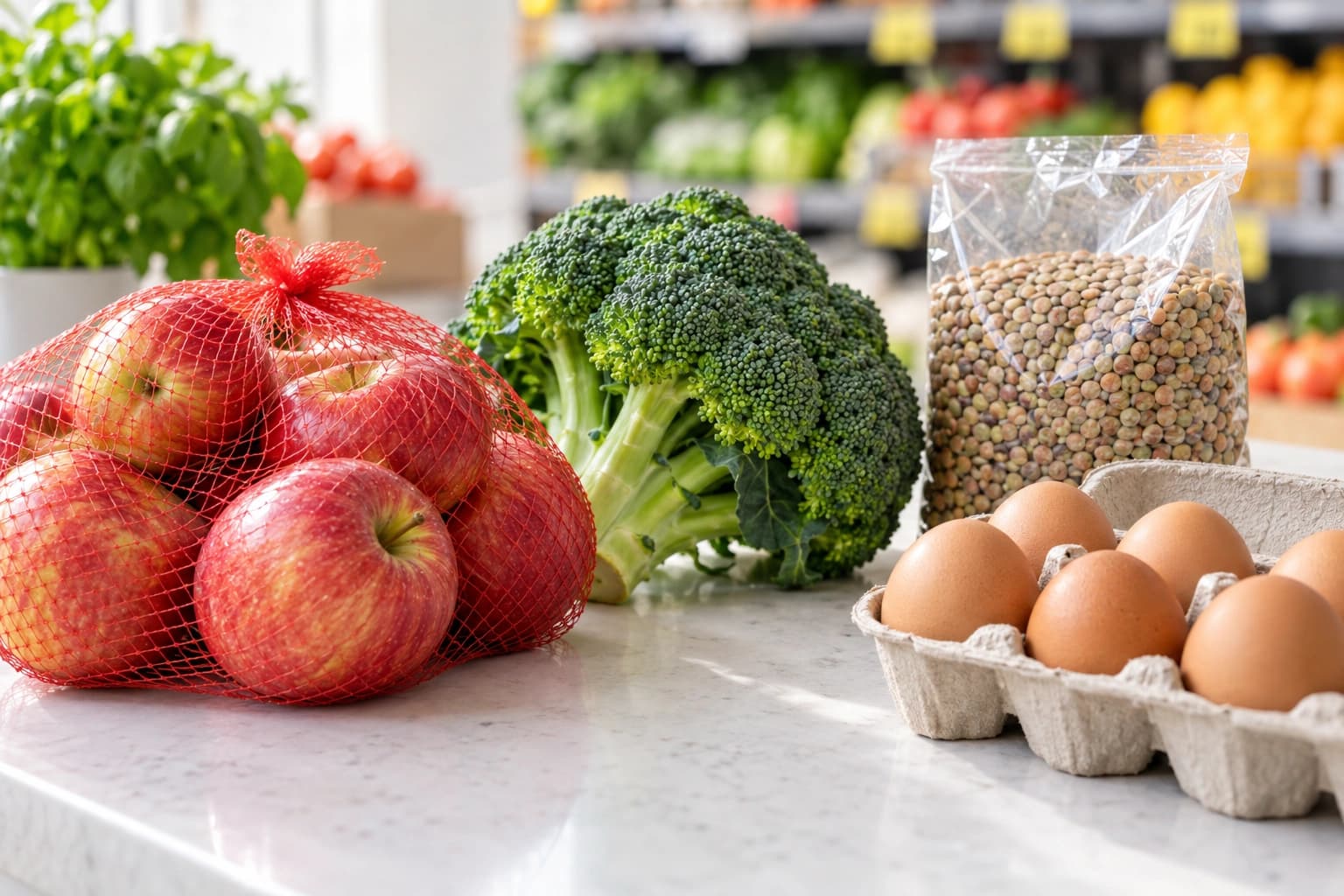 Apples, broccoli, lentils and eggs chosen from weekly deals on a kitchen counter
