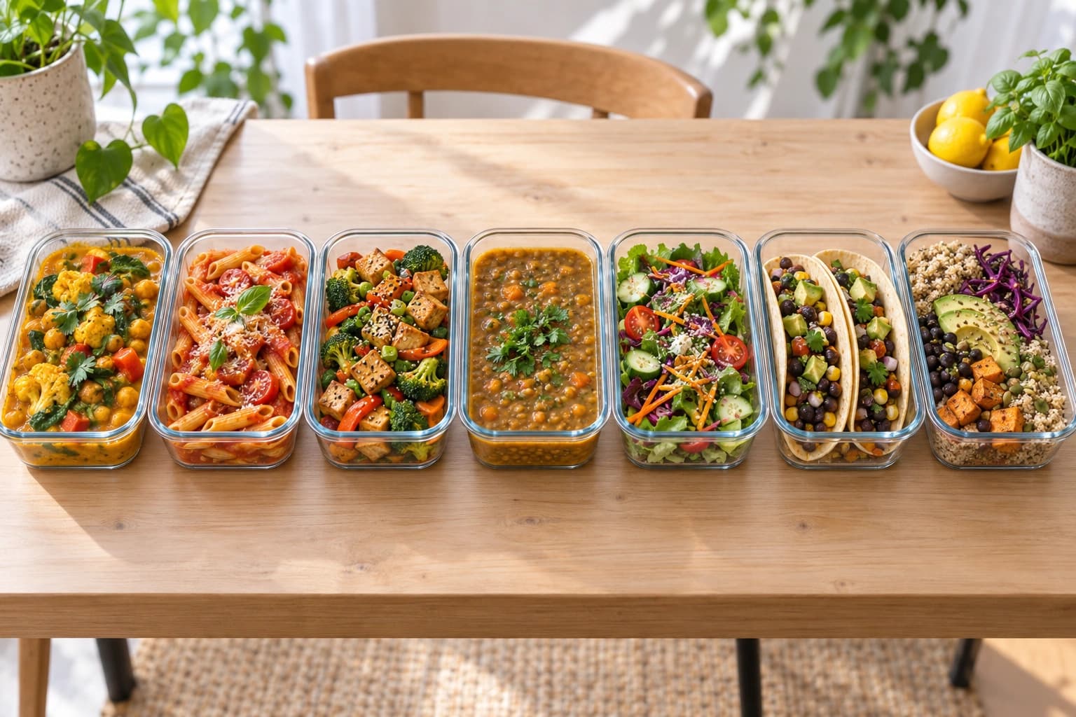 Seven glass containers filled with different colourful meals in a row
