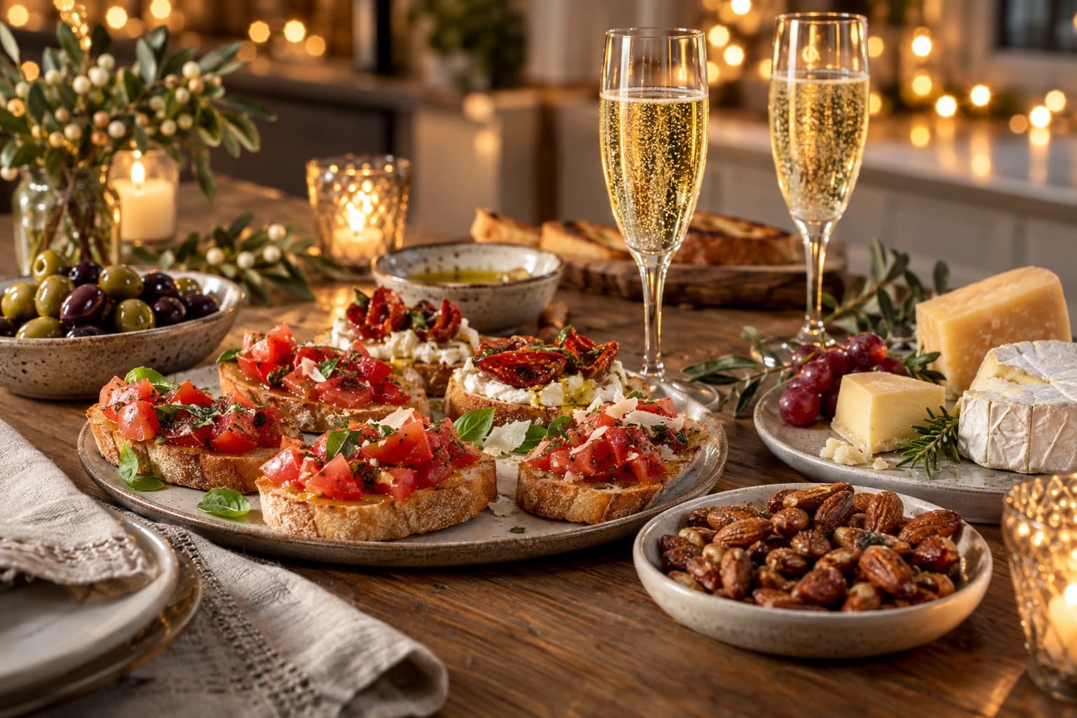 Small plates of bruschetta, olives and cheese with sparkling drinks on a festive table