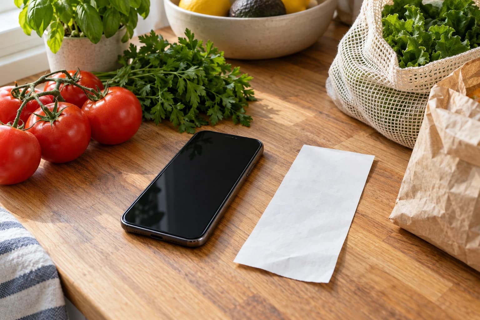 A phone with a dark screen beside a paper receipt, tomatoes and herbs on a counter