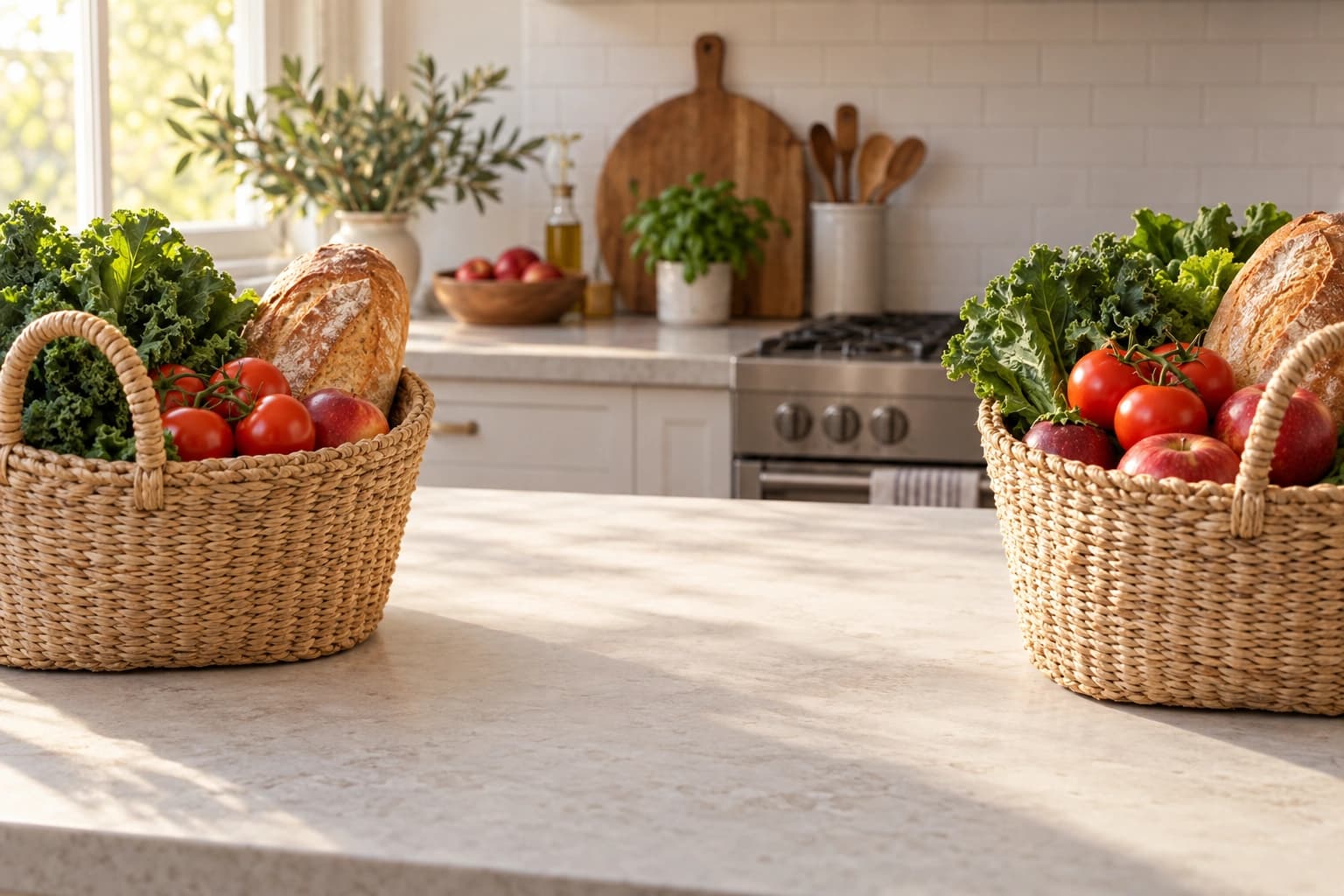 Two baskets holding the same fresh produce on a kitchen counter