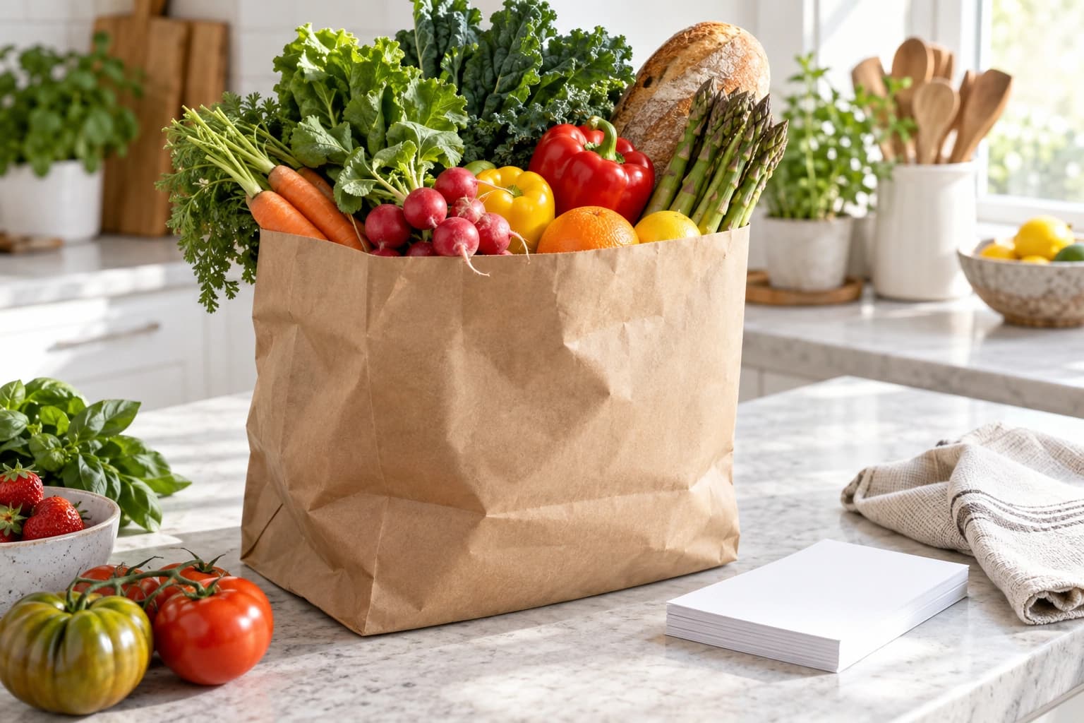 A paper grocery bag overflowing with fresh produce beside a neat stack of paper