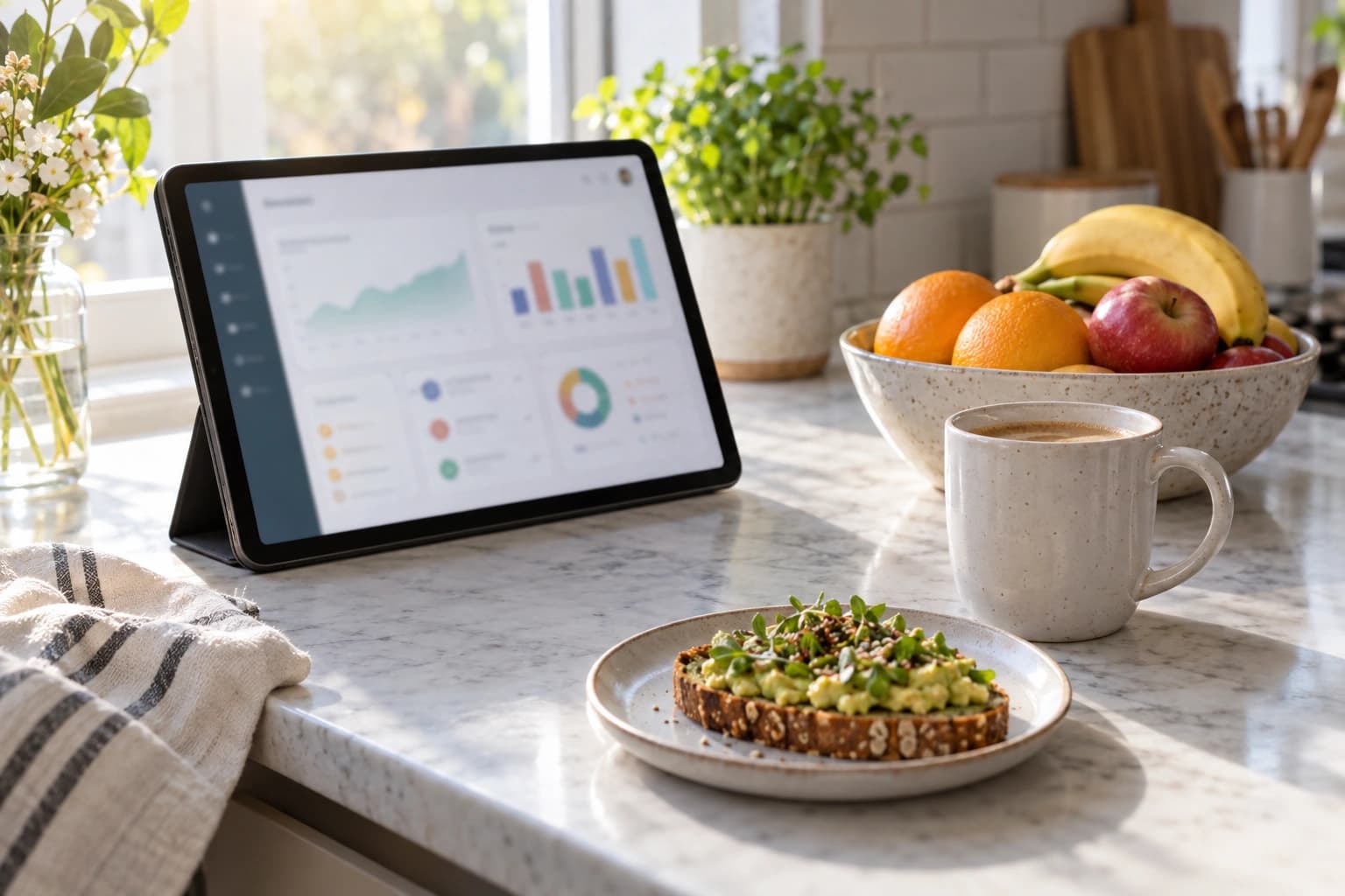A tablet showing a dashboard beside avocado toast, fresh fruit and coffee