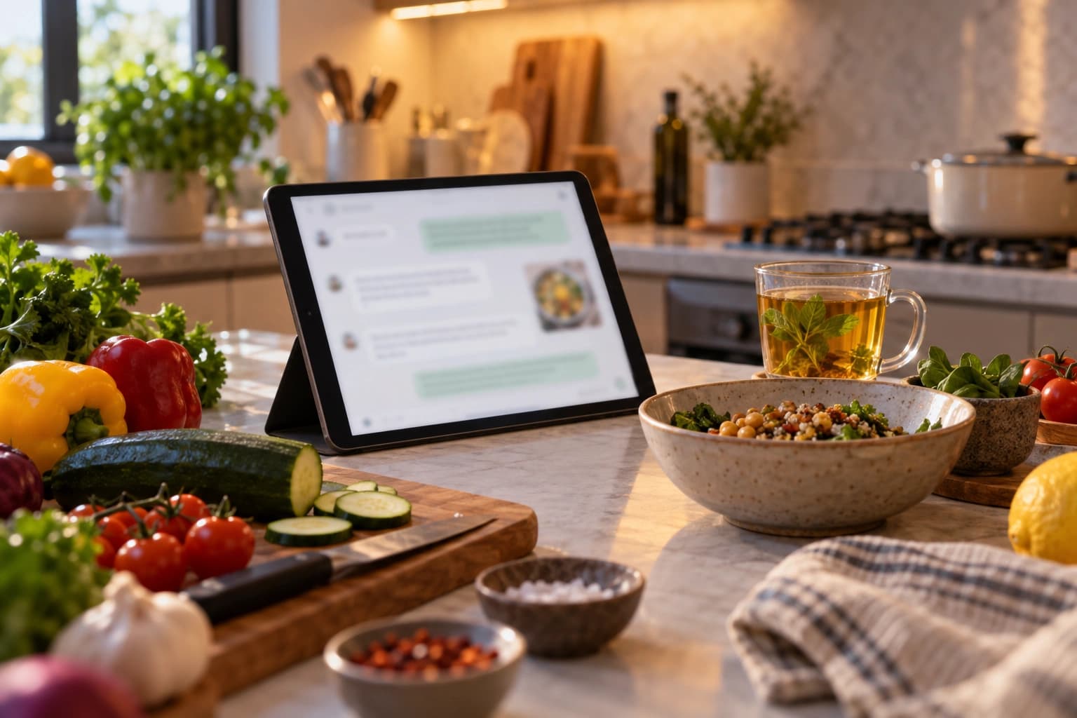A tablet with a glowing chat interface beside fresh vegetables and a mug of tea