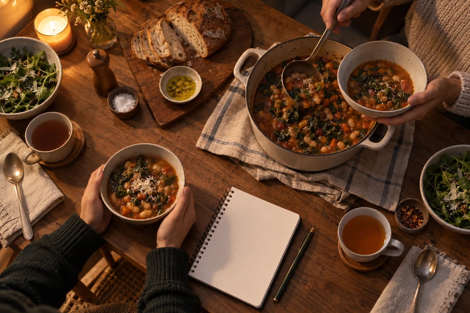 A simple home-cooked meal ladled into bowls at a kitchen table