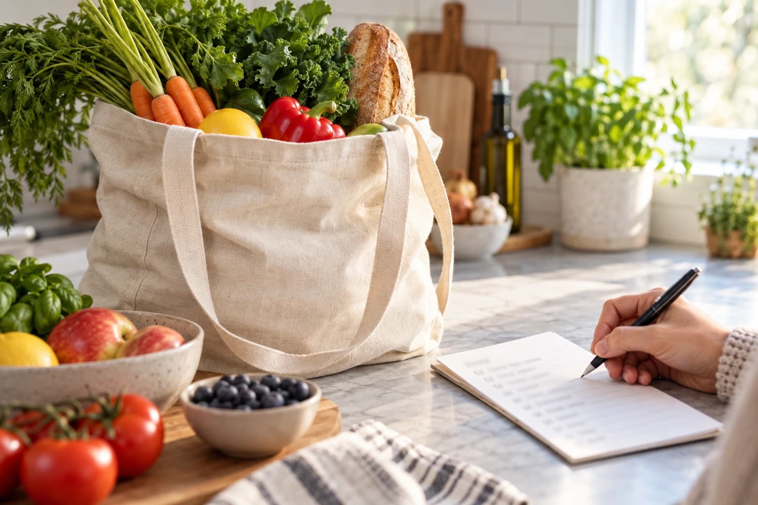 A canvas bag of fresh produce beside a grocery list and a pen