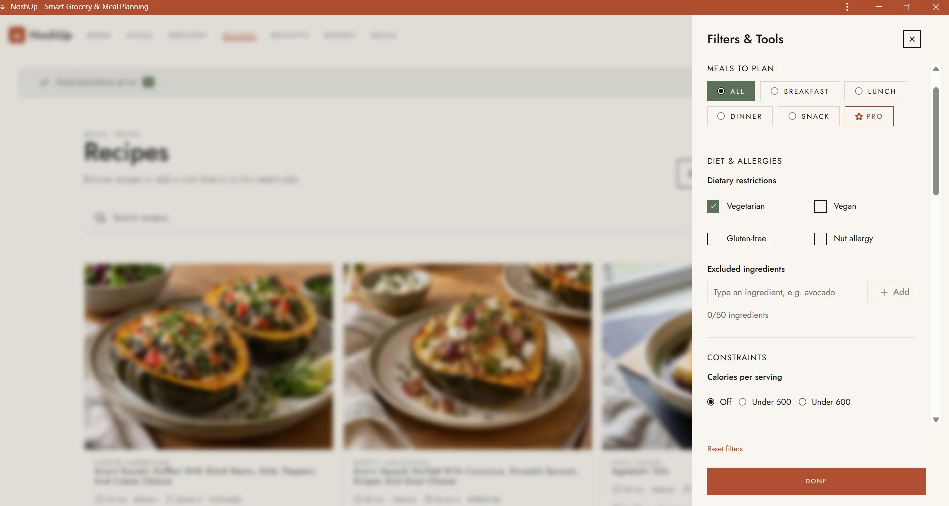 NoshUp's recipe Filters & Tools drawer showing gluten-free under Diet & Allergies and calorie and protein options under Constraints