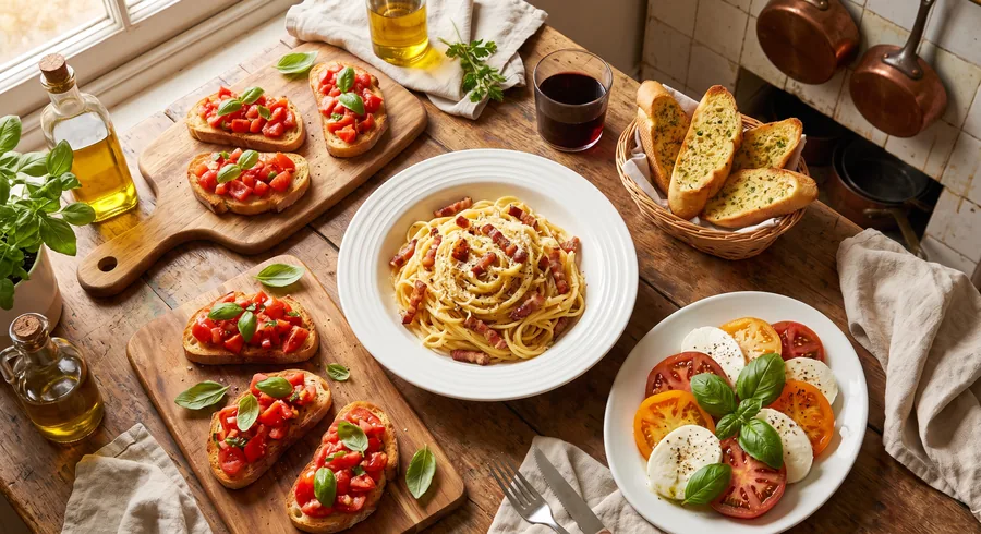 Italian home-style dinner plated on a kitchen counter