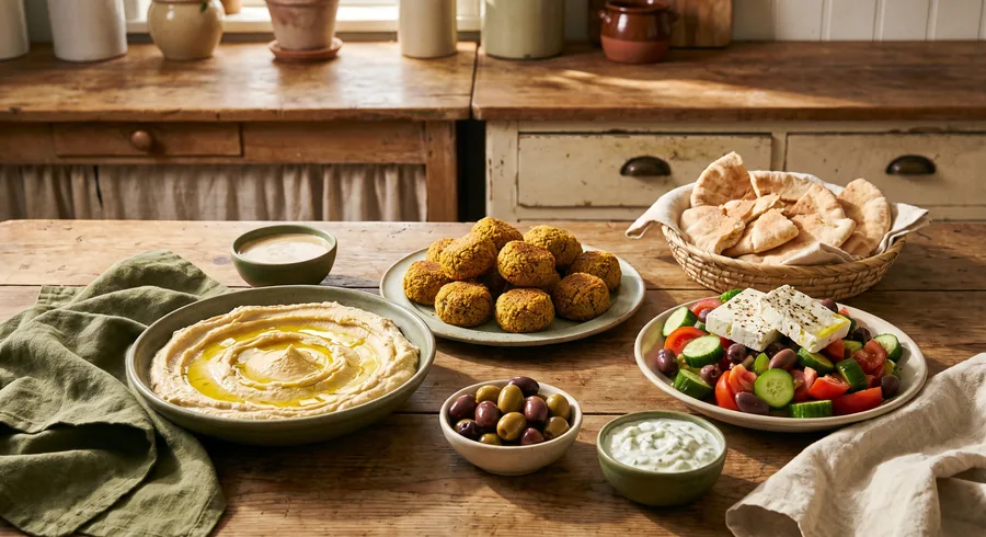 Mediterranean home-style dinner plated on a kitchen counter