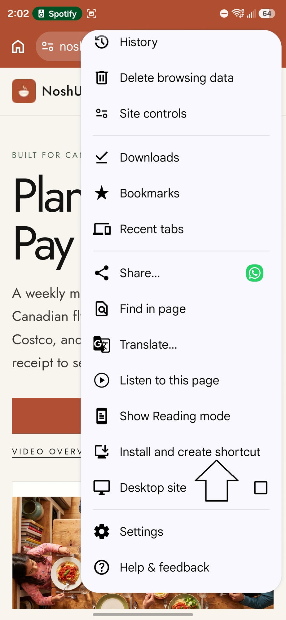 Android Chrome menu with an arrow pointing to Install and create shortcut.