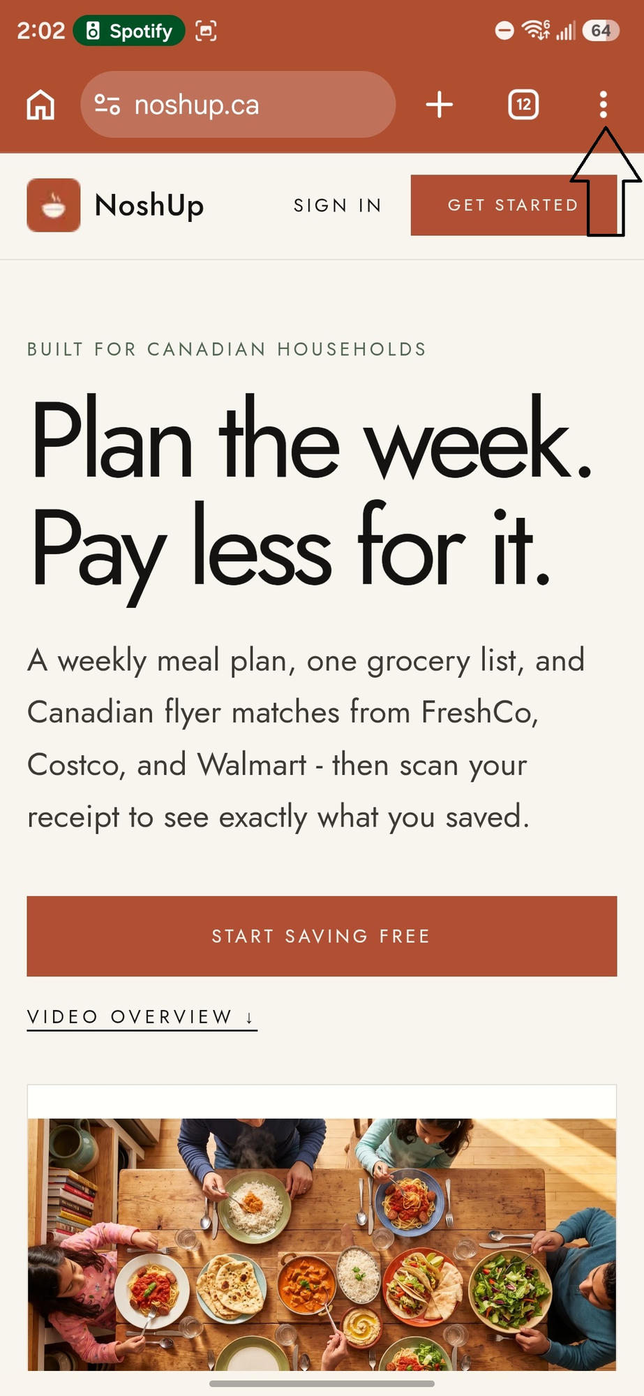 NoshUp in Android Chrome with an arrow pointing to the three-dot menu.
