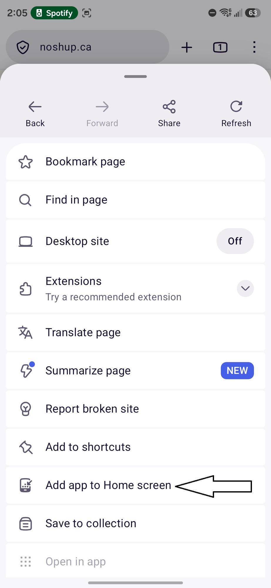 Expanded Firefox Android menu with an arrow pointing to Add app to Home screen.