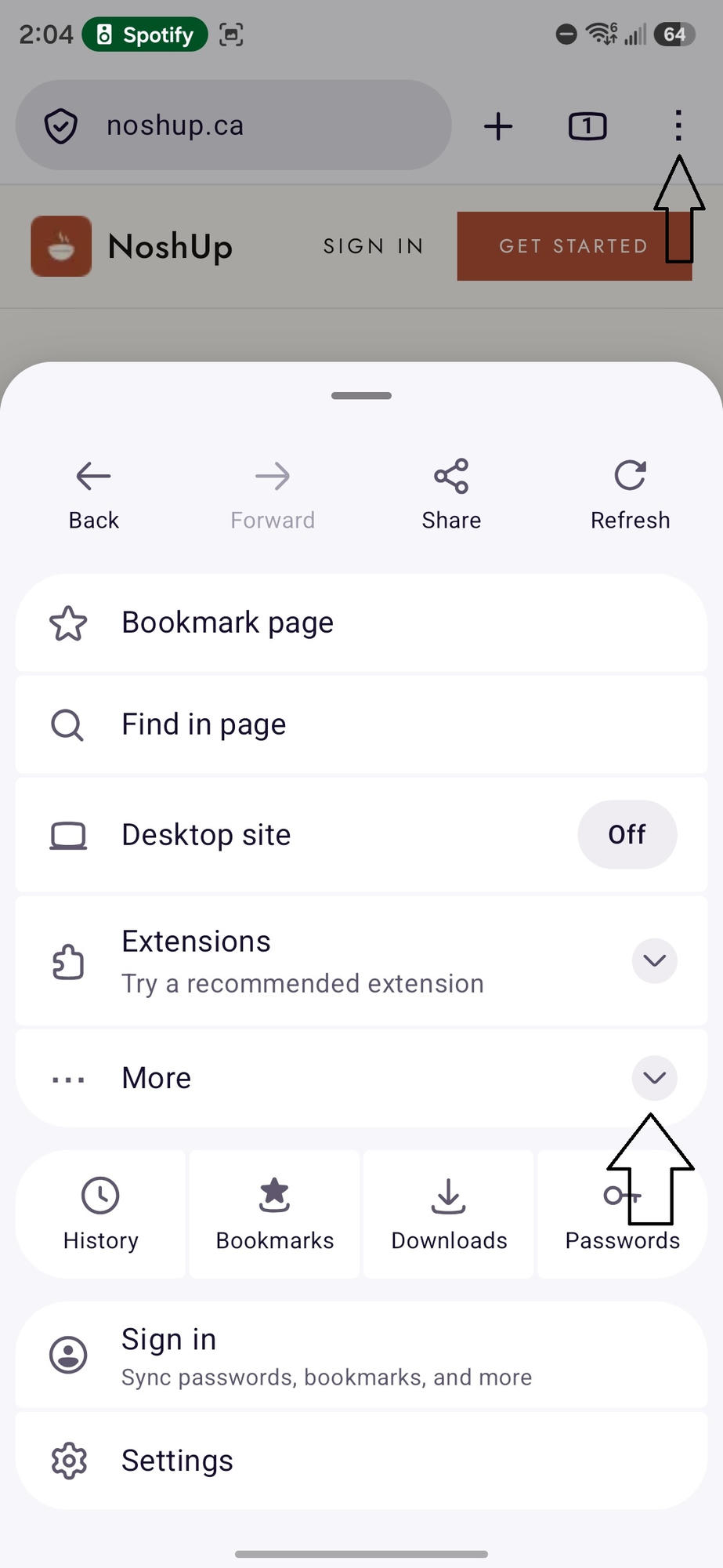 Firefox on Android with arrows pointing to its menu and the More section.