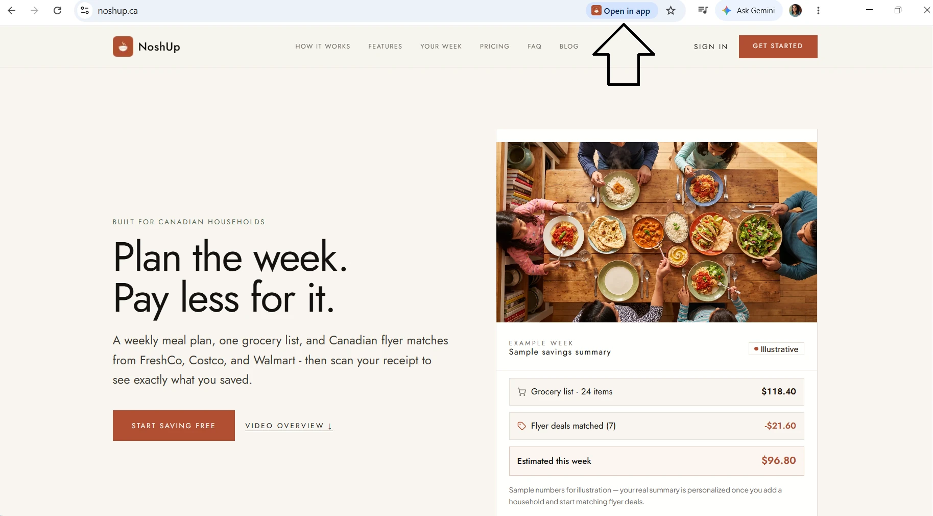 Chrome address bar on noshup.ca with an arrow pointing to Open in app.